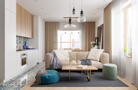 Cozy living room with minimalist furniture, warm lighting, and patterned floor rug.