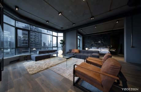 Expansive living room with floor-to-ceiling windows, plush sofas, and sleek lighting.