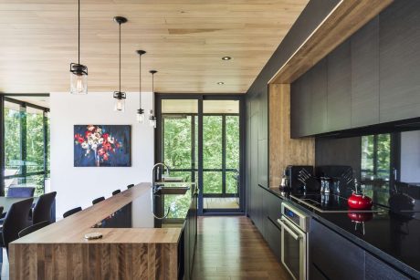 Modern cabin-style interior with wood paneling, pendant lighting, and large windows overlooking nature.