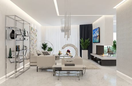 Sleek, modern living space with minimalist furniture, sculptural lighting, and vibrant artwork.