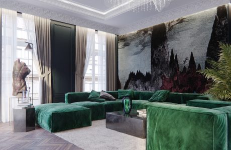 Luxurious living room with plush green velvet sofas, dramatic landscape mural, and ornate chandelier.