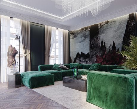 Luxurious living room with plush green velvet sofas, dramatic landscape mural, and ornate chandelier.