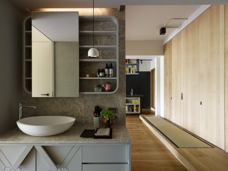 Minimalist bathroom with modern vanity, mirror cabinet, and wood-paneled walls.