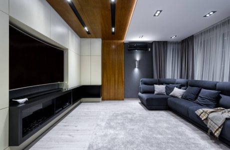 Sleek modern living room with dark sofa, wood paneled walls, and recessed lighting.