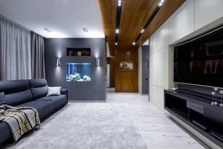 Contemporary living room with sleek gray walls, wood paneling, and a captivating aquarium feature.