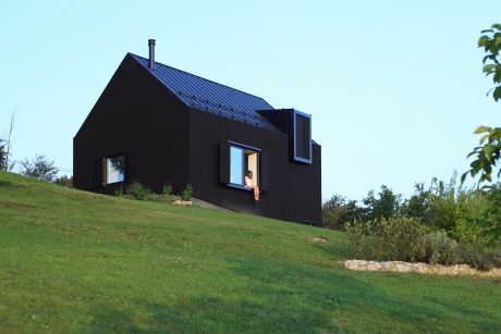 A modern, minimalist black house with large windows and a sloped roof nestled in a lush, grassy landscape.