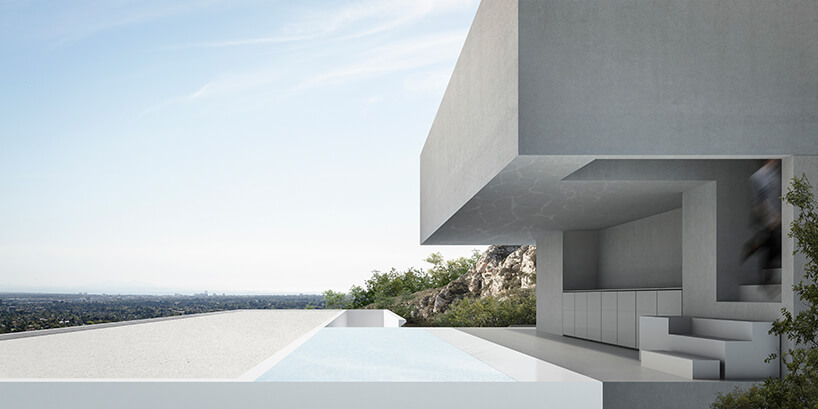 Modern minimalist architectural exterior featuring a sleek concrete facade, pool, and scenic overlook.
