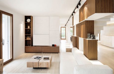 Minimalist living room with wood-paneled walls, built-in storage, and modern furniture.