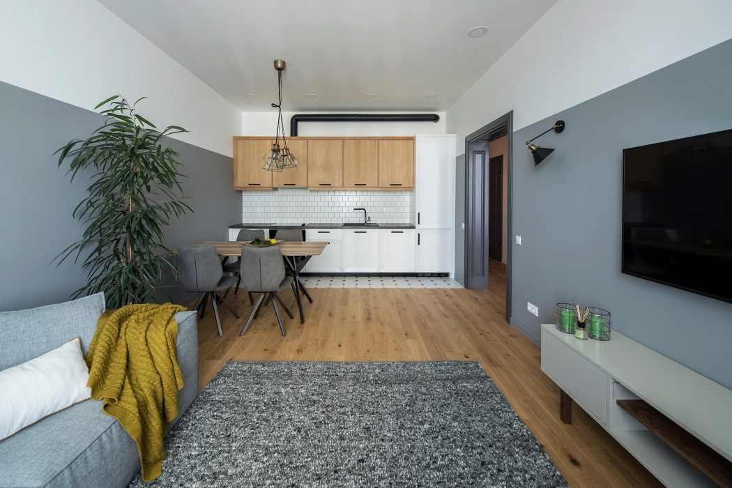 Cozy modern apartment with minimalist kitchen, wooden floors, and gray-toned decor.