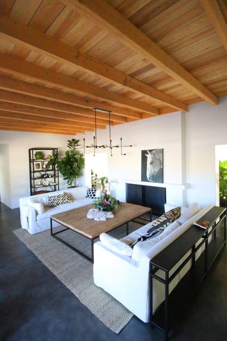 Warm-toned wood ceiling beams, minimalist furniture, and curated plant decor.