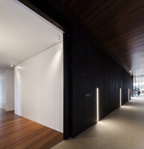 Striking interplay of light and dark wood paneling in sleek modern interior.