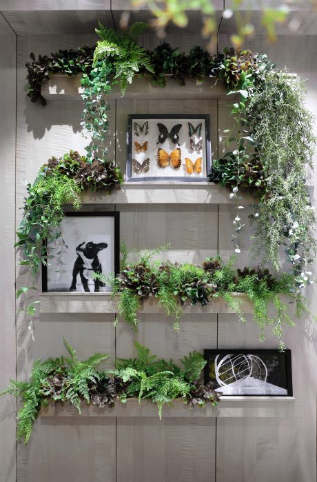 Striking green plant decor adorns a rustic wood shelving unit displaying butterflies and art.