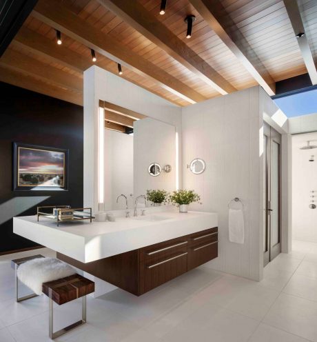 Luxurious bathroom with modern wood-paneled ceiling, floating vanity, and artwork.