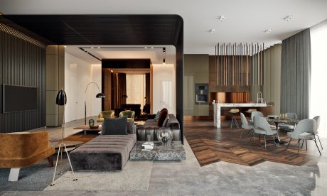 Sleek, modern interior featuring bold, angular architectural elements and luxurious furnishings.