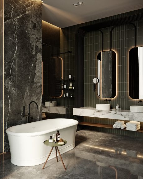 Luxurious bathroom with dark marble walls, freestanding bathtub, and recessed lighting.
