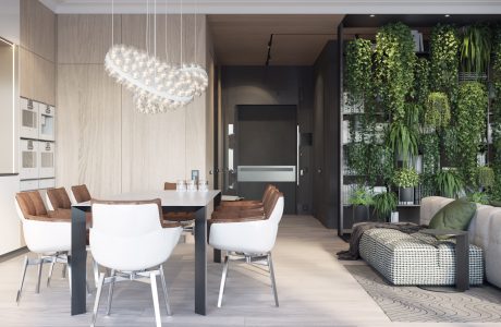 Stunning modern interior with sculptural lighting, natural textures, and lush greenery.