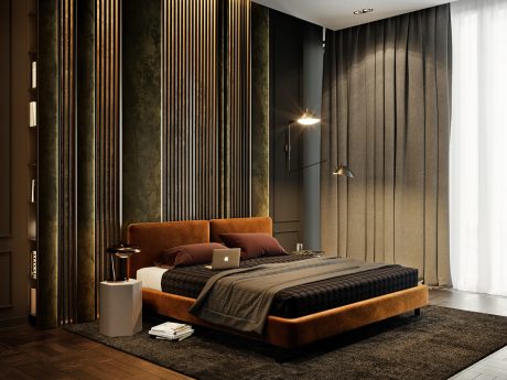 Spacious bedroom with a luxurious, modern design featuring rich textures and colors.