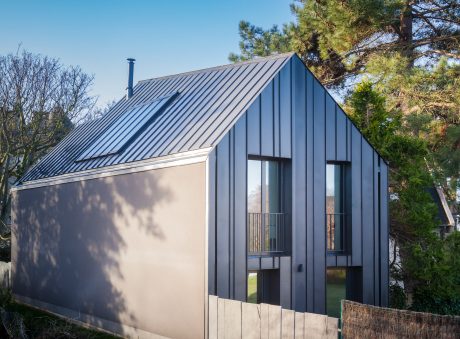 Modern cabin-style home with charcoal metal siding, large windows, and pitched roof.