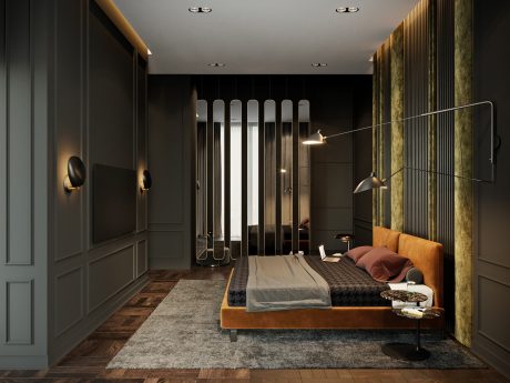 A modern, sophisticated bedroom with dark gray walls, wood floors, and minimalist lighting.