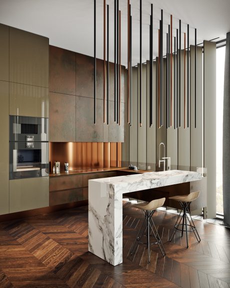 Sleek modern kitchen with marble island, wood floors, and striking pendant lighting.