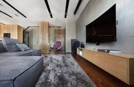 Sleek, minimalist living space with suspended chair, wood accents, and mounted TV.