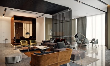 Luxurious modern living space with sleek black and wooden architectural features.