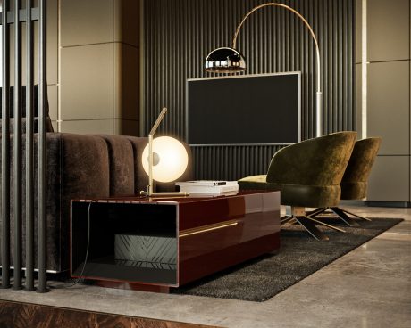 Luxurious modern living room with sleek furniture, lighting, and minimalist design elements.