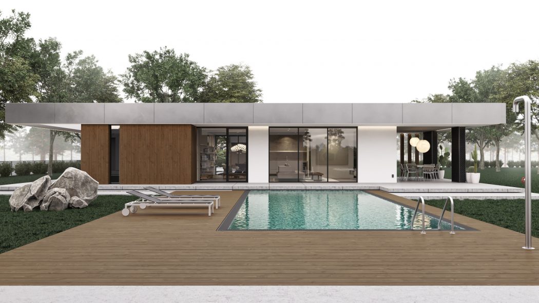 A modern, minimalist house with a sleek exterior, large windows, and a swimming pool surrounded by a wooden deck.