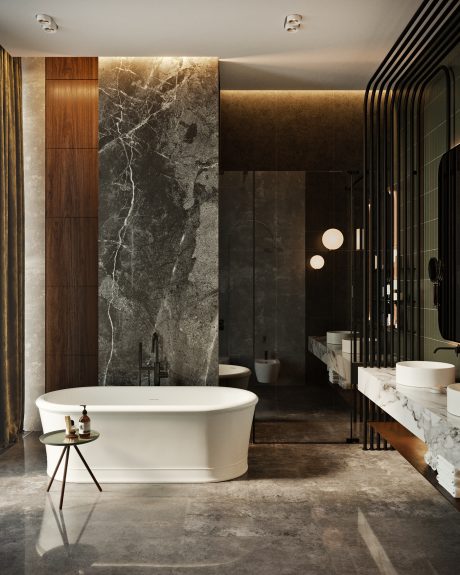 Luxurious bathroom with marble walls, freestanding tub, and modern lighting fixtures.