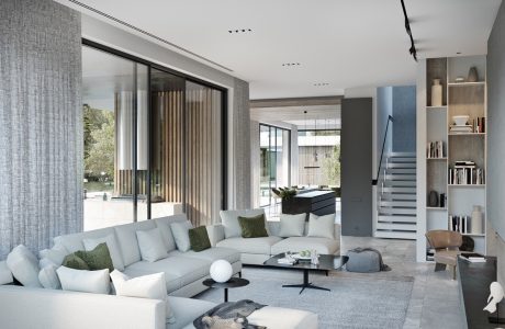 Spacious modern living room with floor-to-ceiling windows, neutral color palette, and minimalist furnishings.