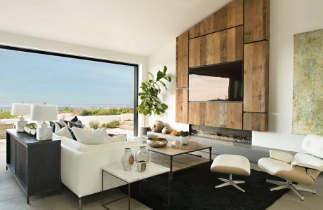 Spacious living room with large windows, wooden accent wall, and modern furniture.