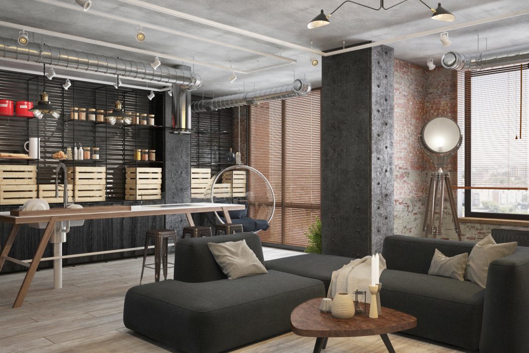Spacious, industrial-style loft with exposed pipes, black furniture, and wooden accents.