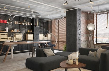 Spacious, industrial-style loft with exposed pipes, black furniture, and wooden accents.