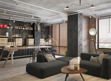 Spacious, industrial-style loft with exposed pipes, black furniture, and wooden accents.