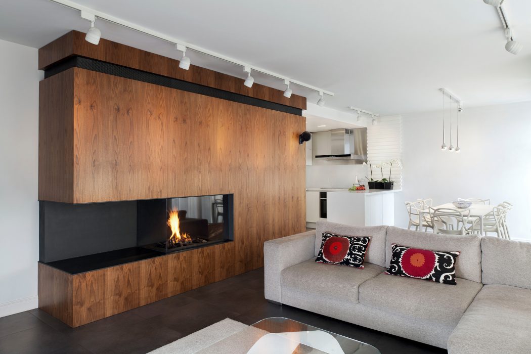 Warm-toned wooden accent wall with built-in fireplace, modern sofa, and open kitchen layout.
