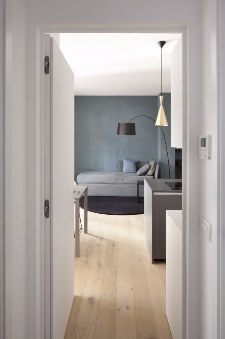 Minimalist living room with gray sofa, black floor lamp, and wood floors.