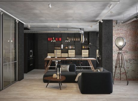 Large modern industrial-style open-plan living area with concrete ceiling, black shelves.