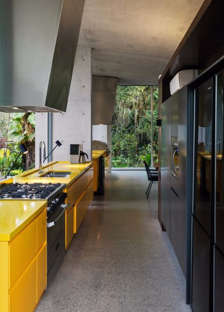 Bright yellow kitchen counters and cabinets contrasting with concrete walls and lush greenery.