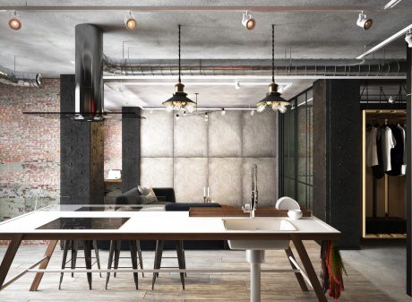 Sleek, industrial-style kitchen with exposed brick walls, concrete ceiling, and metal accents.