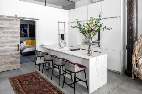 Sleek and modern kitchen with marble countertop, wood accent wall, and botanical decor.