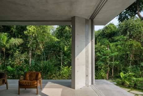 A modern concrete structure with expansive windows framing a lush tropical landscape.