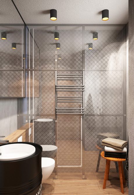 Sleek, modern bathroom with glass enclosure, geometric tiling, and minimalist fixtures.