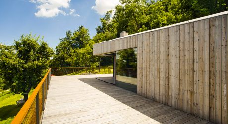 A wooden deck and building with glass walls nestled in a lush, green forest.