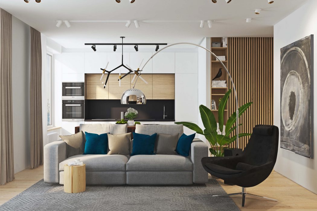 Sleek modern living room with minimalist furnishings, bold lighting, and wooden accents.