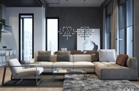 Stylish modern living room with chic furniture, large windows, and sleek lighting fixtures.