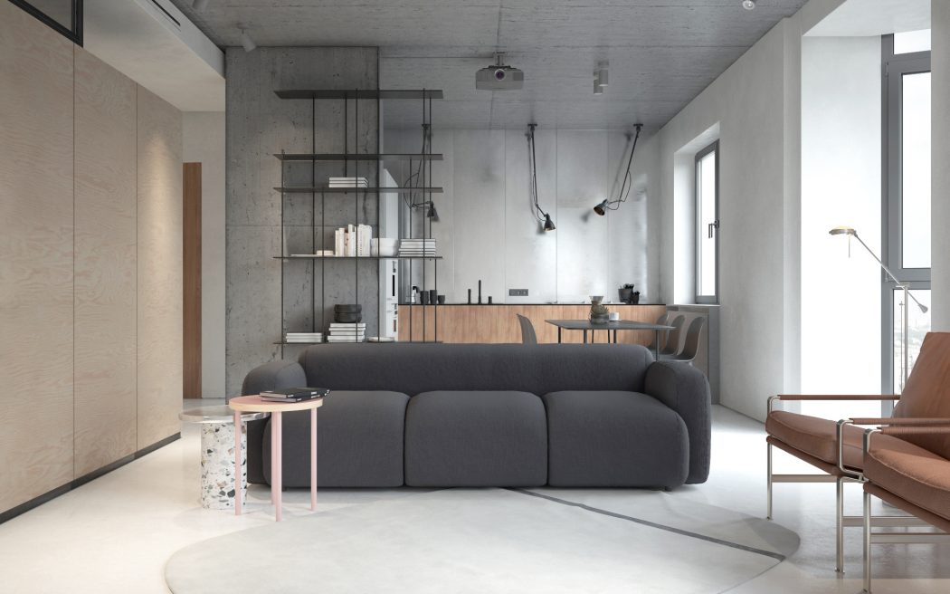 Contemporary living room with concrete walls, wooden shelving, and comfortable gray sofa.
