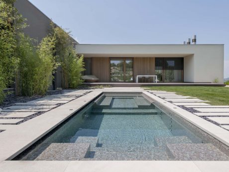 A modern architectural design with a rectangular pool, paved walkway, and lush foliage.