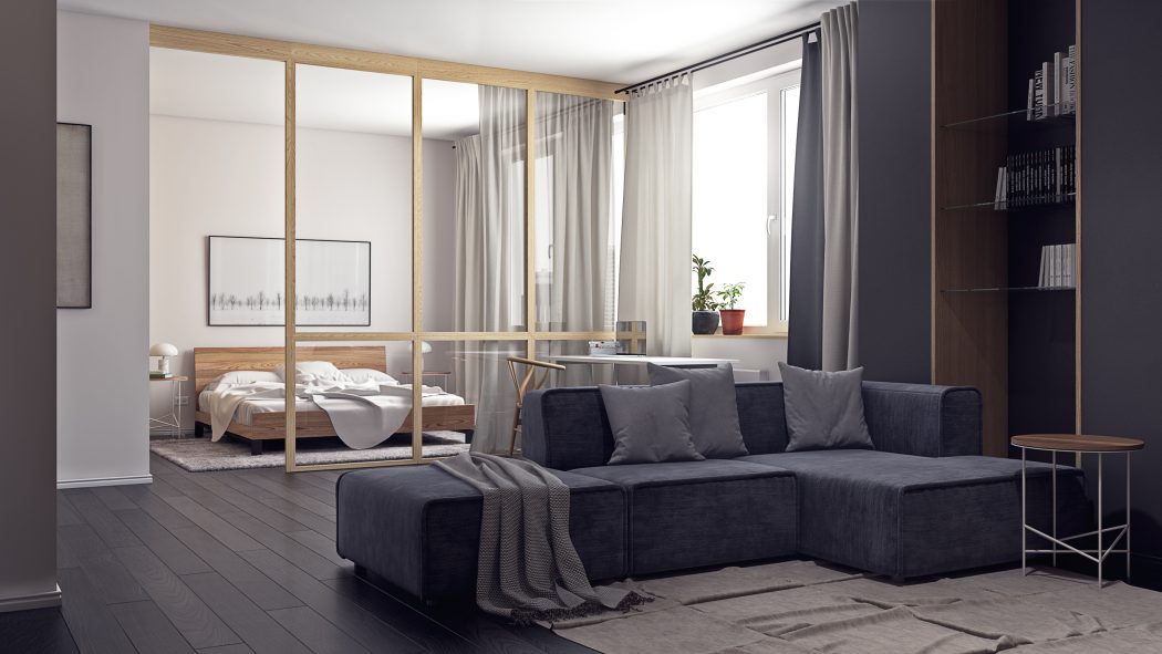 Elegant open-plan studio featuring minimalist furnishings, neutral tones, and ample natural light.