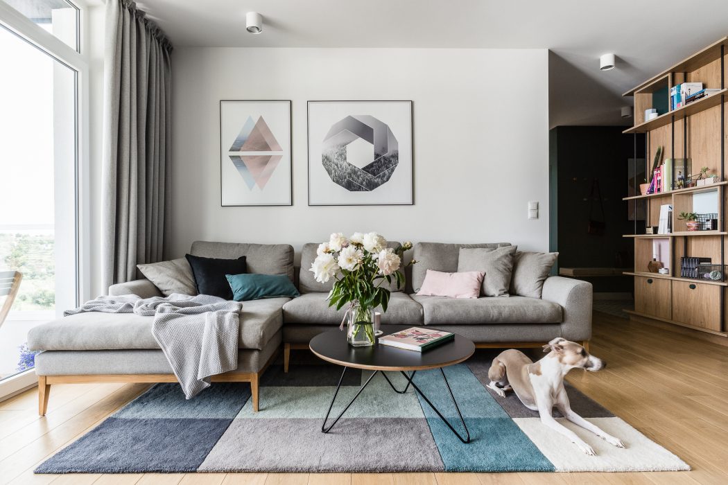 Minimalist living room with geometric art, sectional sofa, and a dog relaxing on the rug.