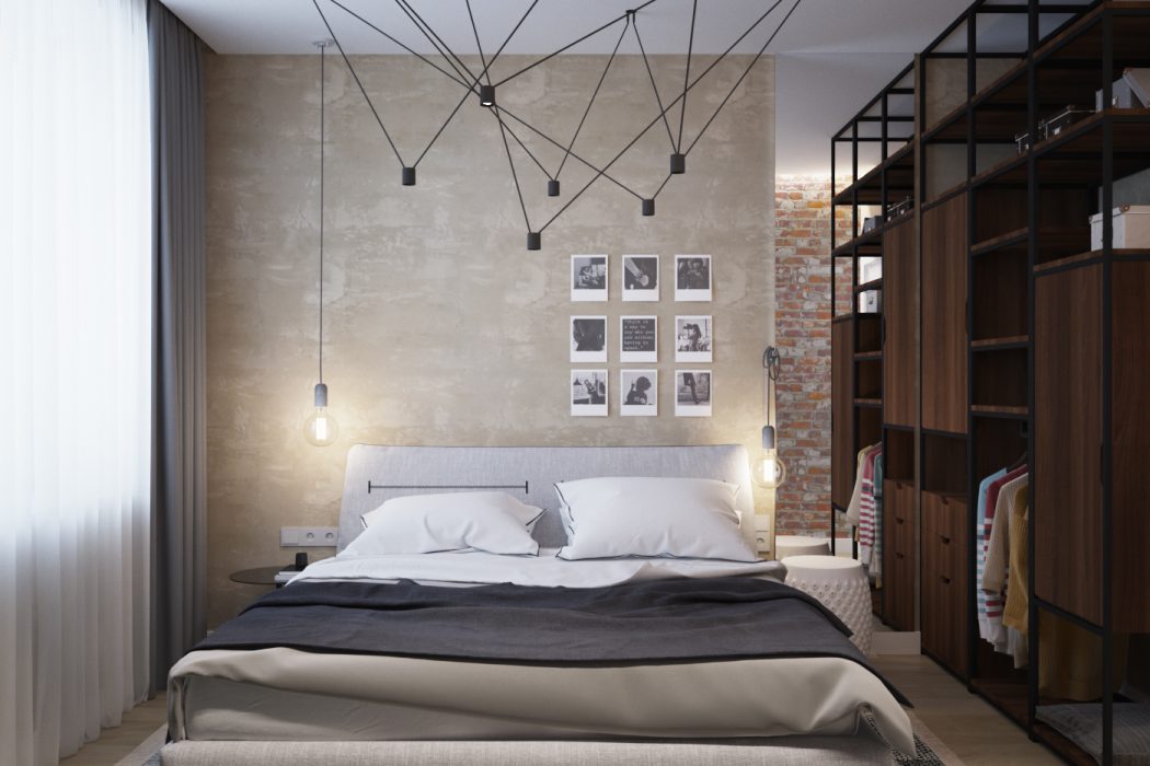 Muted color palette, abstract lighting fixtures, and framed artworks create a modern, minimalist bedroom.